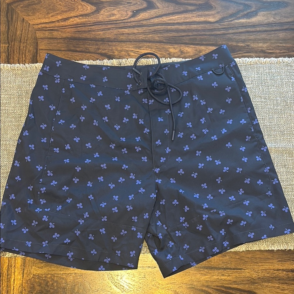 Outdoor Voices Black and Blue Board Shorts with Geometric Design
